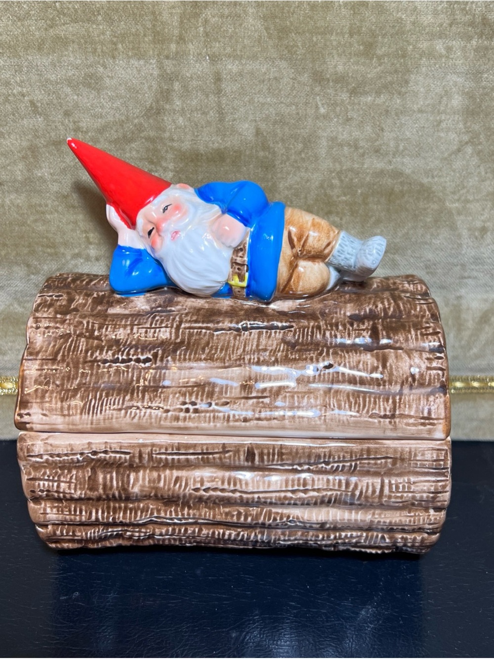 Gorham Unieboek Gnome On Log Lidded Candy Treat Trinket Dish 1981 Vtg Japan